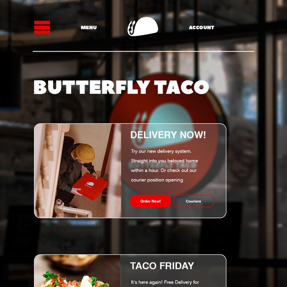 A website landing page concept for a food delivery company Butterfly Taco. I tried to keep this one really simple and modern, with a blurred image of their shop as the background. The main focus is of course on the most important thing. The order button.