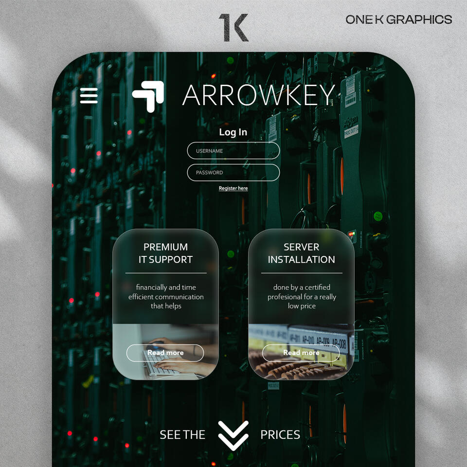 Website concept for an IT company Arrowkey. A simple, modern design, with a frosted glass effect to keep the style simple and united with the background.